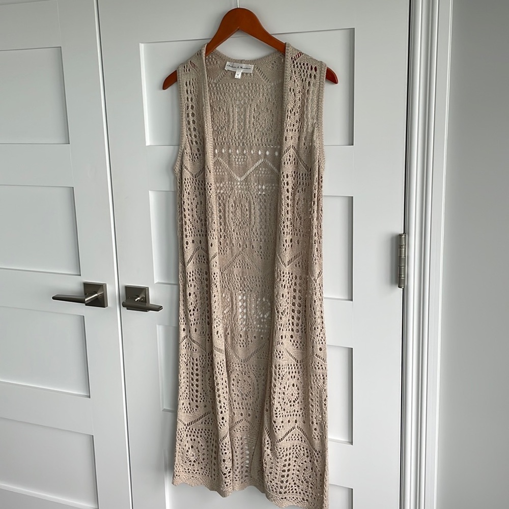 Chelsea & Theodore Long crochet Vest, size medium. Color tan.